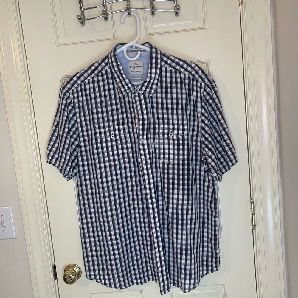 Tommy Bahama Jeans Navy White Maroon Gingham XL Modern Fit